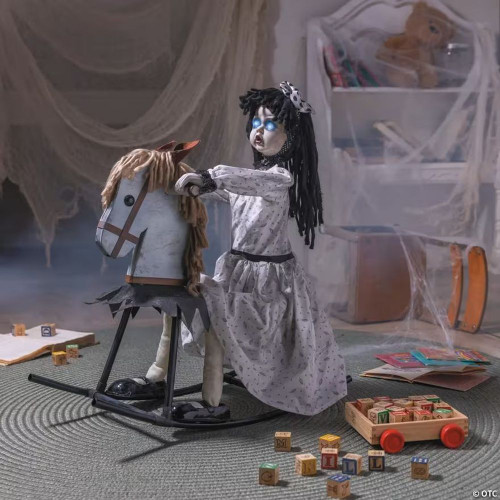 28 1/4" Life-Size Girl On Wooden Rocking Horse Halloween Decoration