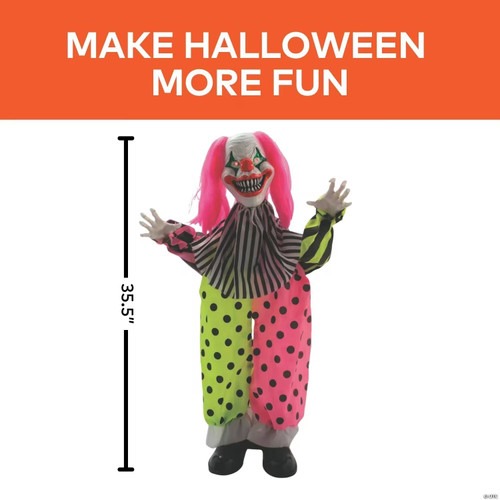 35 1/2" Animated Standing Clown With Pink Hair & Leather Shoes Halloween Decoration