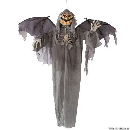 5 Ft. Animated Hanging Jack-O'-Lantern Skeleton Scarecrow With Wings Halloween Decoration