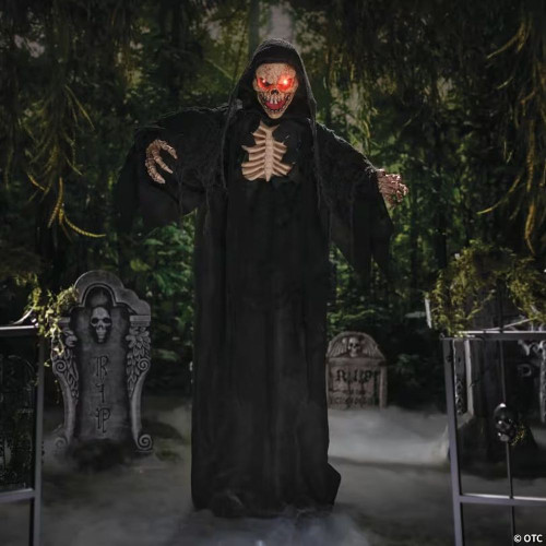 5 Ft. 10 3/4" Animated Standing Skeleton Reaper With Black Cloak Halloween Decoration