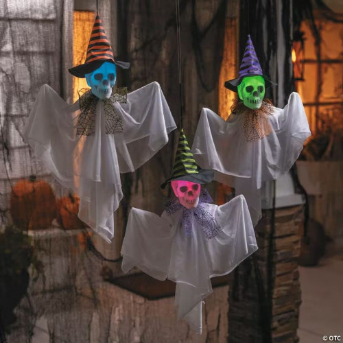 23 1/2" Hanging Light-Up Skeleton Face Ghosts With Witch Hats - Set Of 3