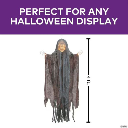 4 Ft. Hanging Orange Light-Up Skeleton Face Reaper Halloween Decoration