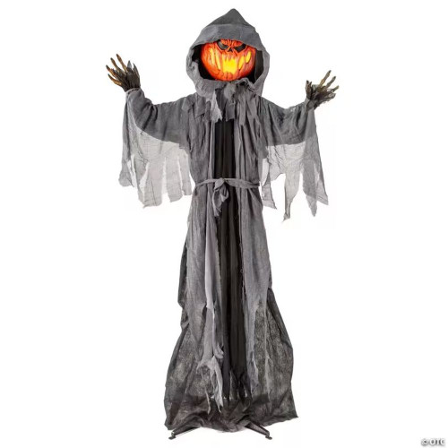 5 Ft 10 3/4" Animated Standing Light-Up Pumpkin Man In Hooded Cloak Halloween Decoration