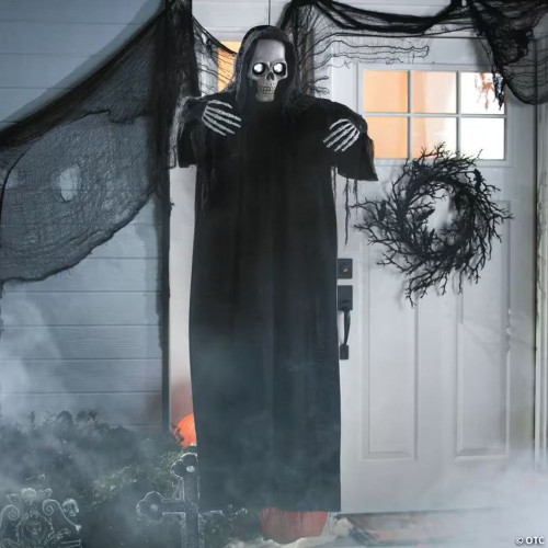 5 Ft. Animated Eyes Hanging Skeleton Reaper With Black Robe Halloween Decoration