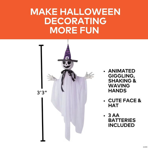39 1/4" Animated Hanging Smiling Ghost With Witch Hat & Black Bow Halloween Decoration
