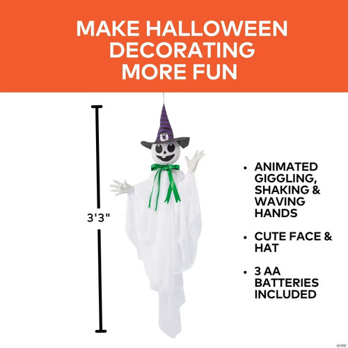 39 1/4" Animated Hanging Smiling Ghost With Witch Hat & Green Bow Halloween Decoration