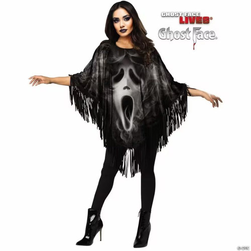 Adults Ghost Face Black Poncho Costume With Fringe - One Size