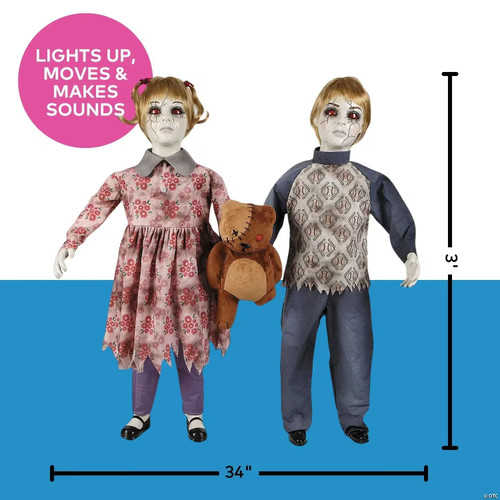 3 Ft. Animated Light-Up Apocalypse Twins With Stuffed Bear Halloween Decoration