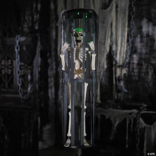40" Animated Light-Up Skeleton In A Shaking Cage Halloween Decoration