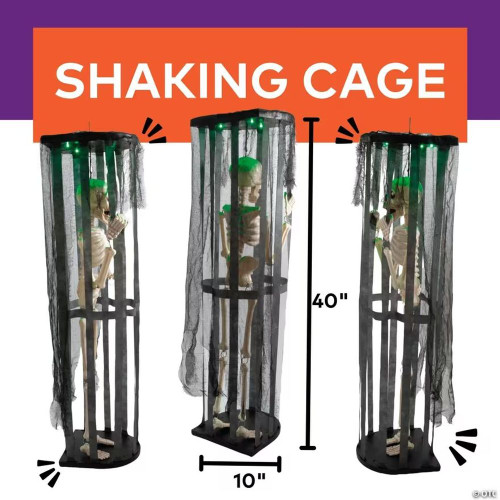 40" Animated Light-Up Skeleton In A Shaking Cage Halloween Decoration