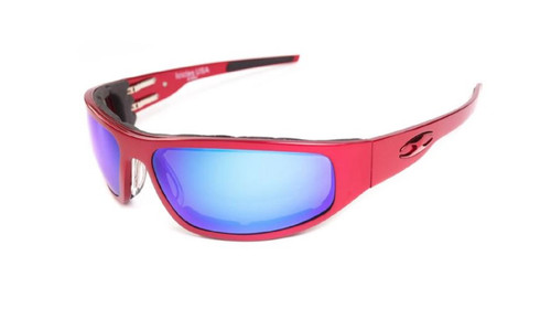ICICLES Bagger Transition Mirror Blue Lens Sunglasses with Flat Red Frame