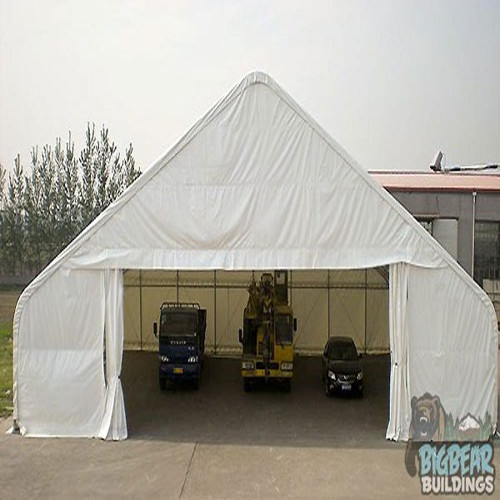 Rhino Shelter Peaked Truss Building Style Vinyl Cover White 65'Wx49'Lx26'H