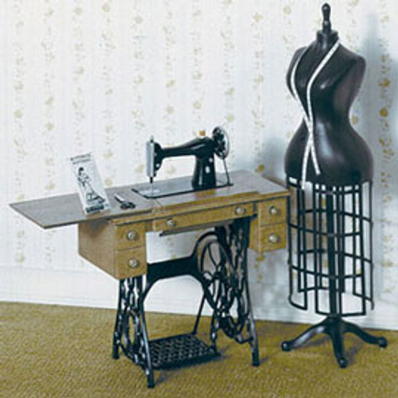 Miniature Sewing Machine, Dressmaker's Form & Accessories Kit (see description for list)