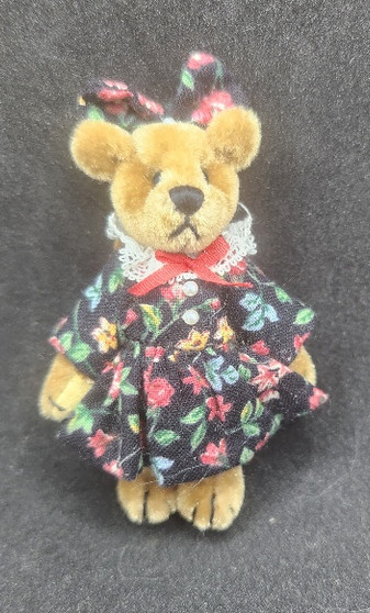 Miniature Teddy Bear in Flowered Dress,  2 5/8" high