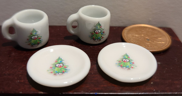 Miniature Christmas Mugs & Plates - Penguin Hiding in Christmas Tree
