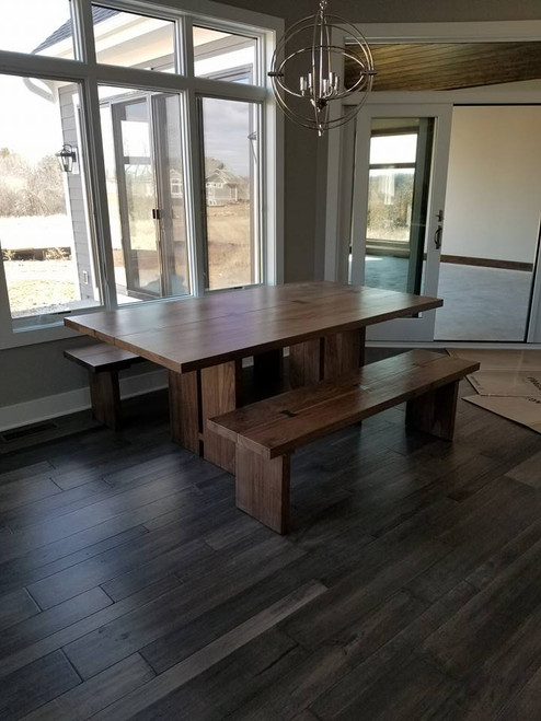 Bench length 65", finish color clear Natural, wood type solid walnut.