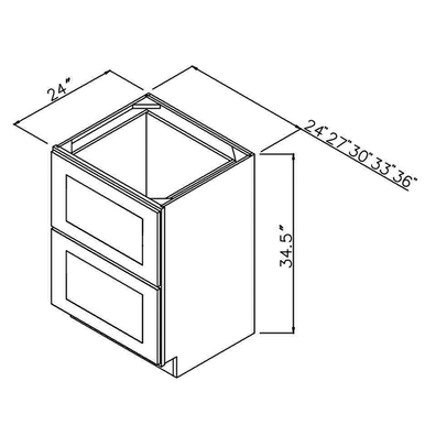 Two Drawer Base 34.5 inches in height, 24 inches deep, 36 inches wide