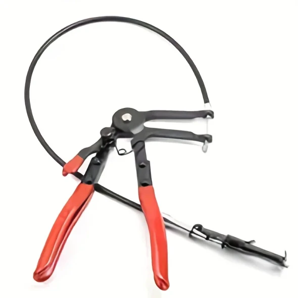 Long-reach hose clamp pliers with remote spring jaw