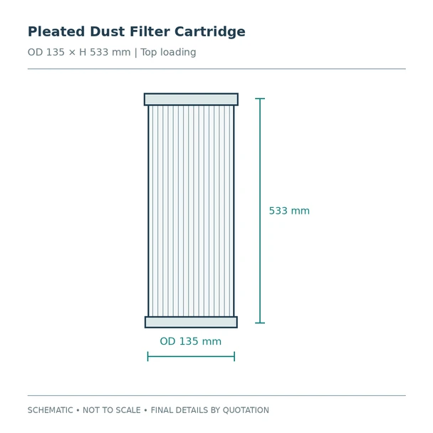 Pleated Dust Filter Cartridge: schematic overview. Not to scale; final construction and dimensions confirmed in quotation.