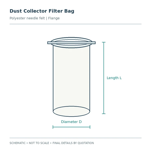 Dust Collector Filter Bag: schematic overview. Not to scale; final construction and dimensions confirmed in quotation.