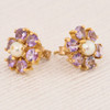 Vintage 9ct Gold Pearl and Amethyst Cluster Stud Earrings - Angled View