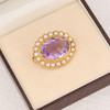 Vintage 9ct Gold Amethyst and Diamond Cluster Brooch - In Box