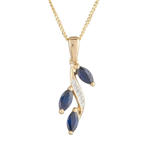 NEW 9ct Gold Sapphire and Diamond Leaf Design Pendant 