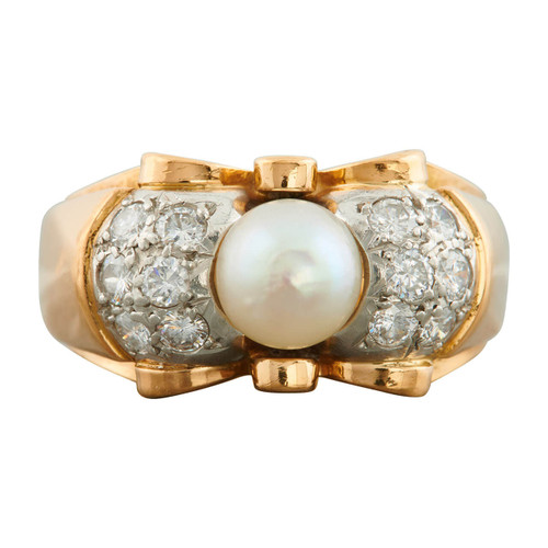 Vintage 18ct Gold Pearl and Diamond Tank Ring 
