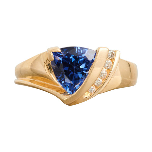 Second Hand 14ct Gold Trillion Cut Synthetic Sapphire and Diamond Dress Ring