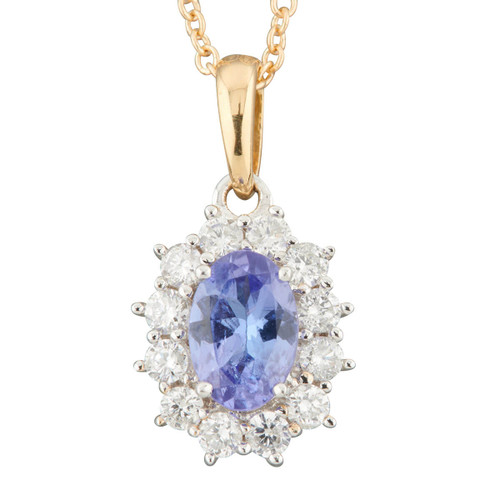 Second Hand 18ct Gold Tanzanite and Diamond Cluster Pendant and Chain