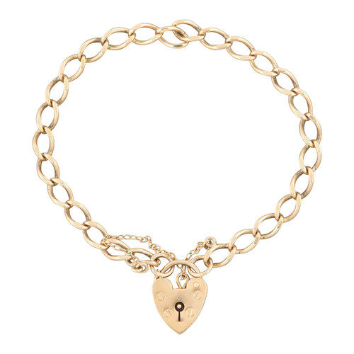 Second Hand 9ct Gold Curb Link Charm Bracelet with Heart Padlock
