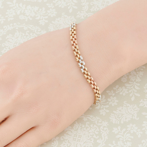 Fine 9ct Three Colour Gold Six Plait Herringbone Bracelet