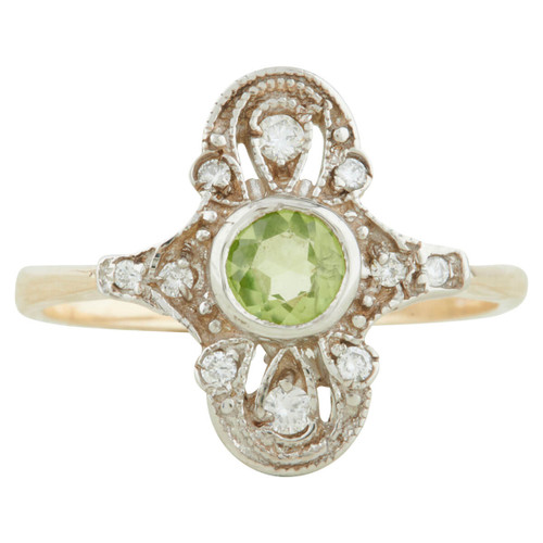Victorian Style 9ct Gold Peridot & Diamond Long Cluster Ring