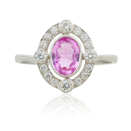 Art Deco Style Platinum Pink Sapphire and Diamond Cluster Ring