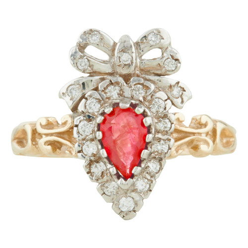 Victorian Style 9ct Gold Ruby & Diamond Heart & Bow Ring - Main View