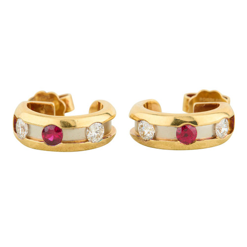 Second Hand 18ct Gold Ruby & Diamond Hoop Earrings 