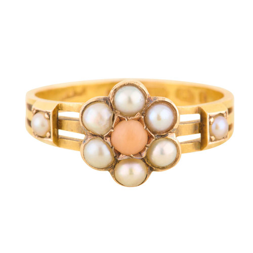 Antique 15ct Gold Coral & Pearl Daisy Cluster Ring