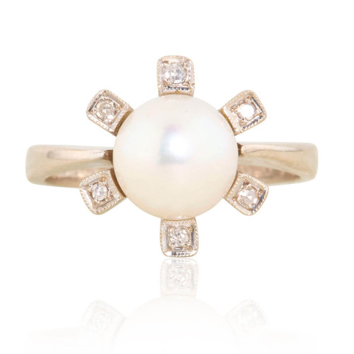 Second Hand 18ct Gold Pearl & Diamond Dress Ring - Main View