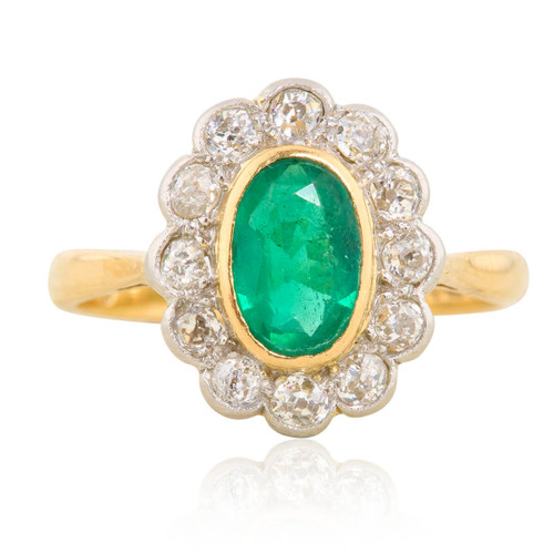 Art Deco Style 18ct Gold Emerald & Diamond Cluster Ring