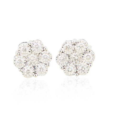 9ct White Gold Diamond Flower Cluster Stud Earrings - Main View