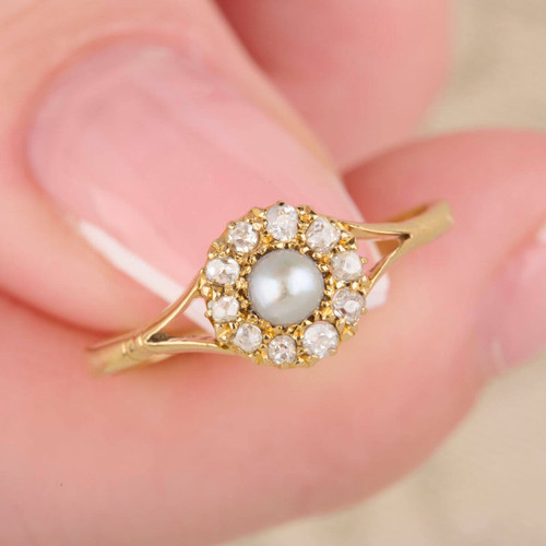Antique 18ct Gold Pearl and Diamond Cluster Ring - Main View