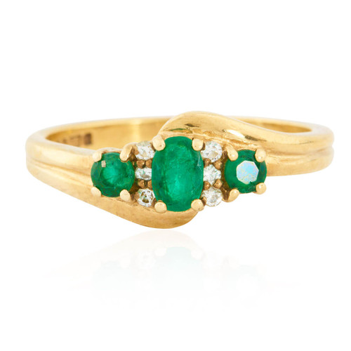 Second Hand 9ct Gold 3 Stone Emerald and Diamond Cluster Ring Front View