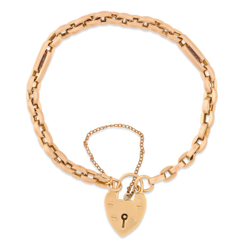 Antique 9ct Gold Long & Short Charm Bracelet with Padlock Main View
