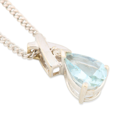 Second Hand 9ct Gold Aquamarine and Diamond Pendant & Chain Main View