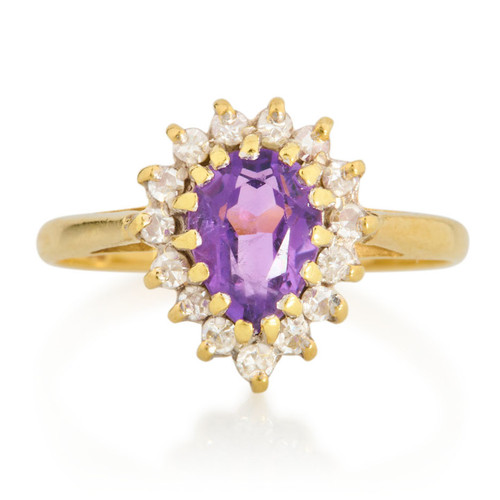 Second Hand 18ct Gold Amethyst and Diamond Cluster Ring Front View