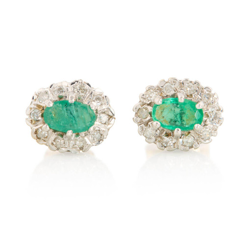 Second Hand 9ct Gold Emerald and Diamond Cluster Earrings Front View