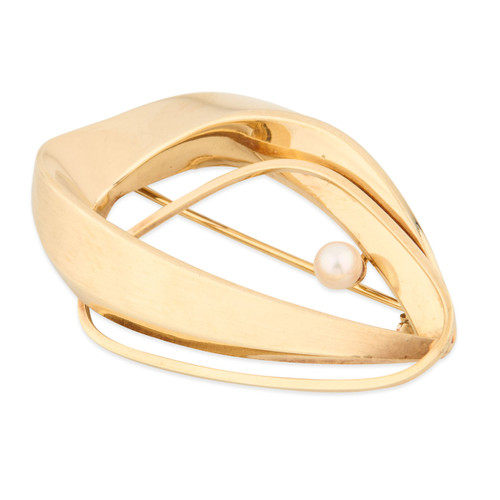 Vintage 1960s 9ct Gold Curved Pearl Brooch - Main View