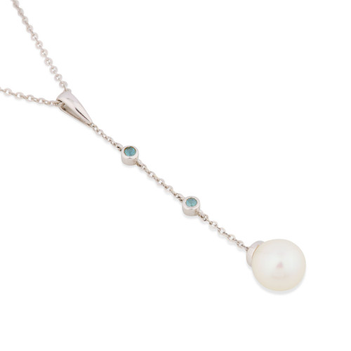 Second Hand 9ct White Gold Pearl and Tourmaline Drop Pendant & Chain - Main View