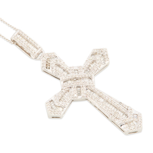 9ct White Gold Ornate Diamond Cross and Chain - Main View