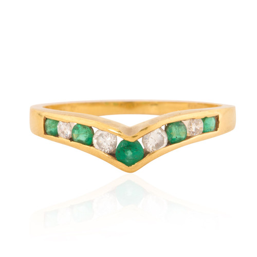 Second Hand 18ct Gold Emerald and Diamond Wishbone Ring Main View